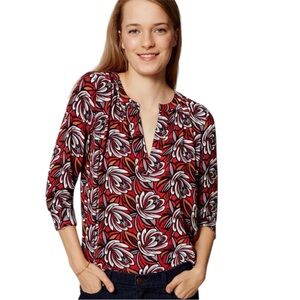 LOFT Red Floral Blouse Split Neck Long Sleeve Flowy Tunic Top Small Lightweight